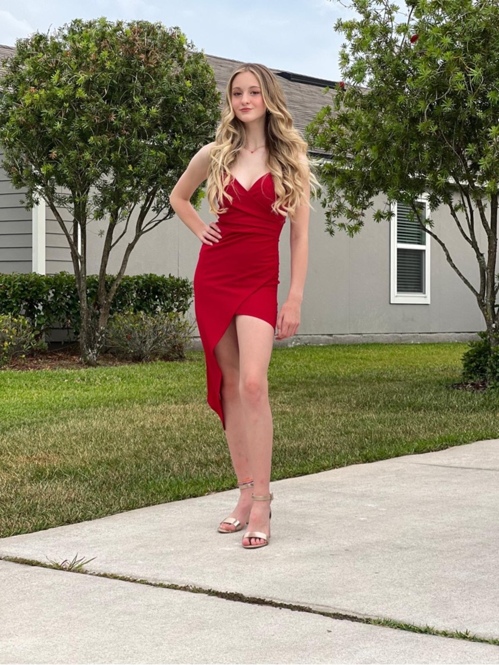 Sleek Red Asymmetric Mini Dress with V-Neck